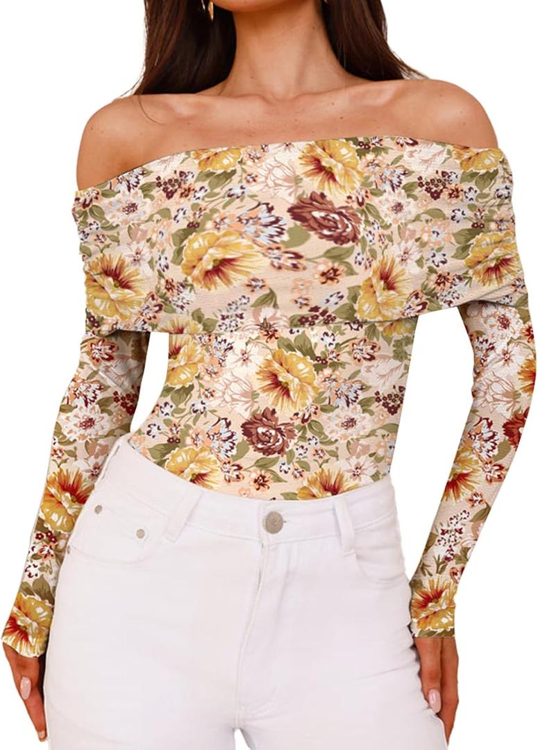 Womens Off Shoulder Long Sleeve Floral Mesh Tops Slim Fit Shirts Tops Fall Outfits 2026 (Large)