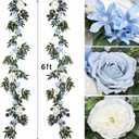 Lvydec 2 Pack Artificial Peony Flower Garland - 6ft Silk Peony Vine Willow Leaves Garland Blue and White Arch Flower Vine for Wedding Party Table Decoration (Blue)