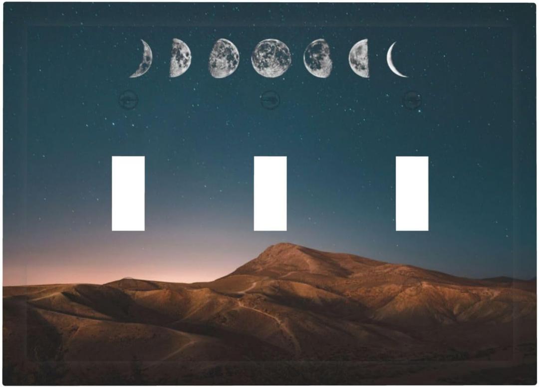 Moon Phase Mountain 3 Gang Light Switch Cover Plate Decorative Triple Toggle Wall Plate Electrical Faceplate Switchplate for Bathroom Home Bedroom Decor 6.7 * 4.8 Inch