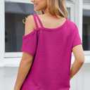 Dokotoo Womens Summer Tops Off One Shoulder Waffle Knit Short Sleeve T-Shirts Casual Lightweight Solid Color Blouses (Pink, L)