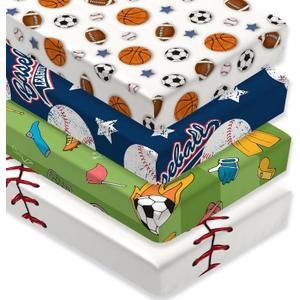 4 Pack Sports Baseball Crib Sheet Set for Boys, Neutral Soft Breathable Fitted Vintage Crib Sheet, Baseball Nursery Decor for Standard Crib and Toddler Bed Mattresses 28 x 52 in