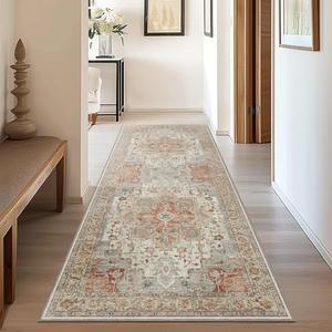 GENIMO 2x10 Runner Rugs for Hallway, Machine Washable Non Slip Vintage Rugs, Low Pile Lightweight Soft Print Rug for enrtyway, Corridor, Home Office, Kitchen, Rose Beige