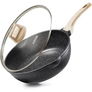CAROTE 12 Inch Nonstick Deep Frying Pan with Lid, 5.5 Qt Jumbo Cooker Saute Pan with Pour Spout, Skillet Induction Cookware, Non Stick Cooking Pan PFOA Free, Classic Granite