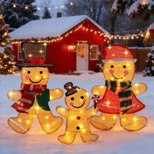 Light Up Gingerbread Man Christmas Decorations Outdoor, 53 LEDs Set of 3 Lawn Ornament, Outdoor Lighted Holiday Displays for Christmas Yard Decorations (Gingerbread Man)