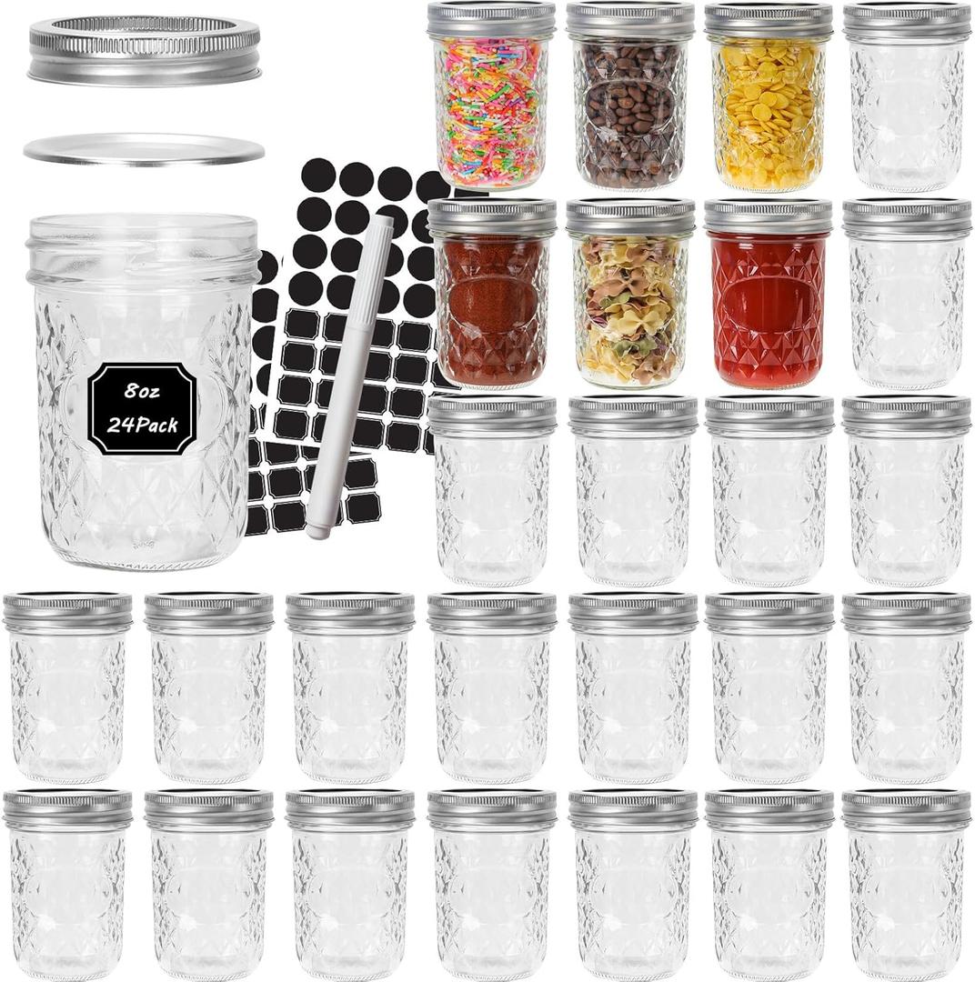 CycleMore Mason Jars 8 oz, 24 Pack Canning Jars with Airtight Lids and Bands, Half Pint Canisters Ideal for Fermenting, Jam, Honey, Pickling, Wedding/Shower Favors, DIY Decors