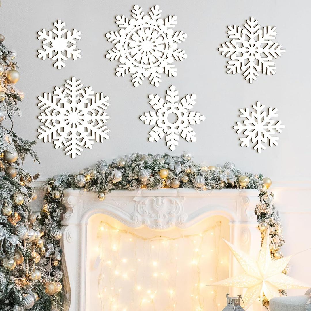 Wooden Large Snowflake Ornaments Sign Christmas Decorations 6 Pack, Wood Hollow White Snowflakes Crafts Winter Hanging Plaques Decorations 6 Size of Cutouts New Year Wall Bedroom Living Room Decor