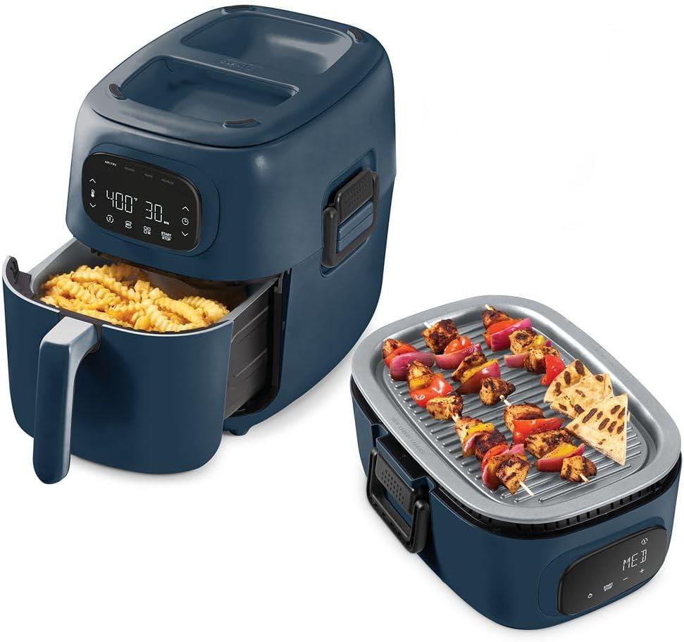 Dash Flip & Fry Digital 2-in-1 Grill & Air Fryer - Indoor Grill & Electric Fryer - Features AirCrisp Technology & Nonstick Surface - dishwasher safe Parts - Forged Iron (7 Qt., Navy)