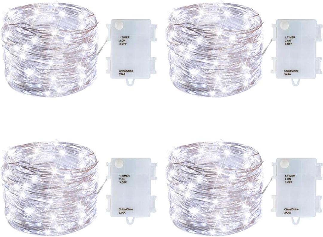 4 Pack Battery Operated Dewdrop Led Lights,Indoor Mini Fairy Lights with Timer Function,for Christmas and Halloween Lighting Decoration,6 Hours on/18 Hours Off,30 Count LEDs,10 Feet (White)