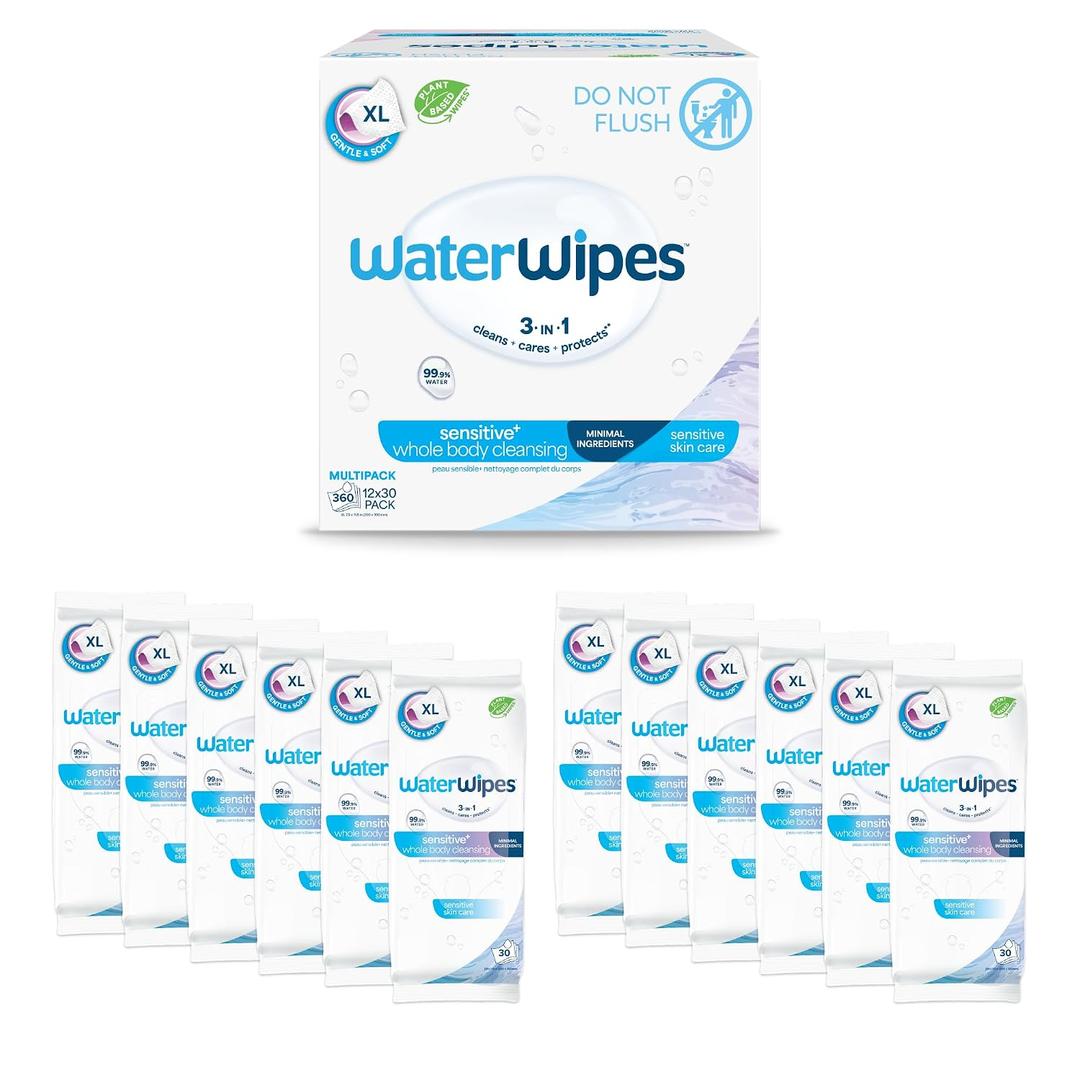 WaterWipes Sensitive Whole Body Cleansing Wipes, 99.9% Purified Water, XL Textured Wipes, Incontinence Care, Fragrance Free, 720 Count (24 Packs)