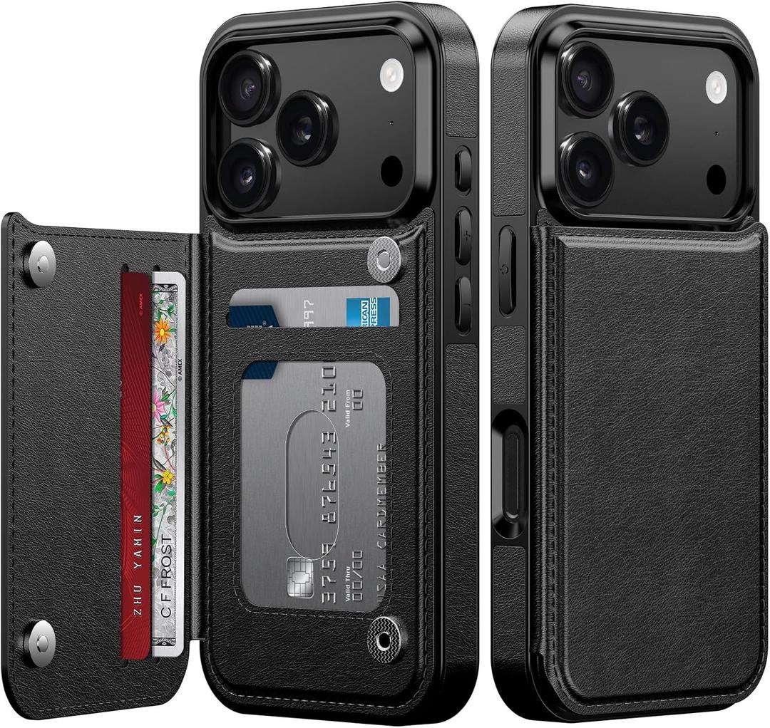LETO for iPhone 17 Pro Wallet Case, Flip Folio Leather Kickstand Black | Card Slots Holder - Fashionable Flower Designs - Shockproof Protective Phone Cover for Women and Girls
