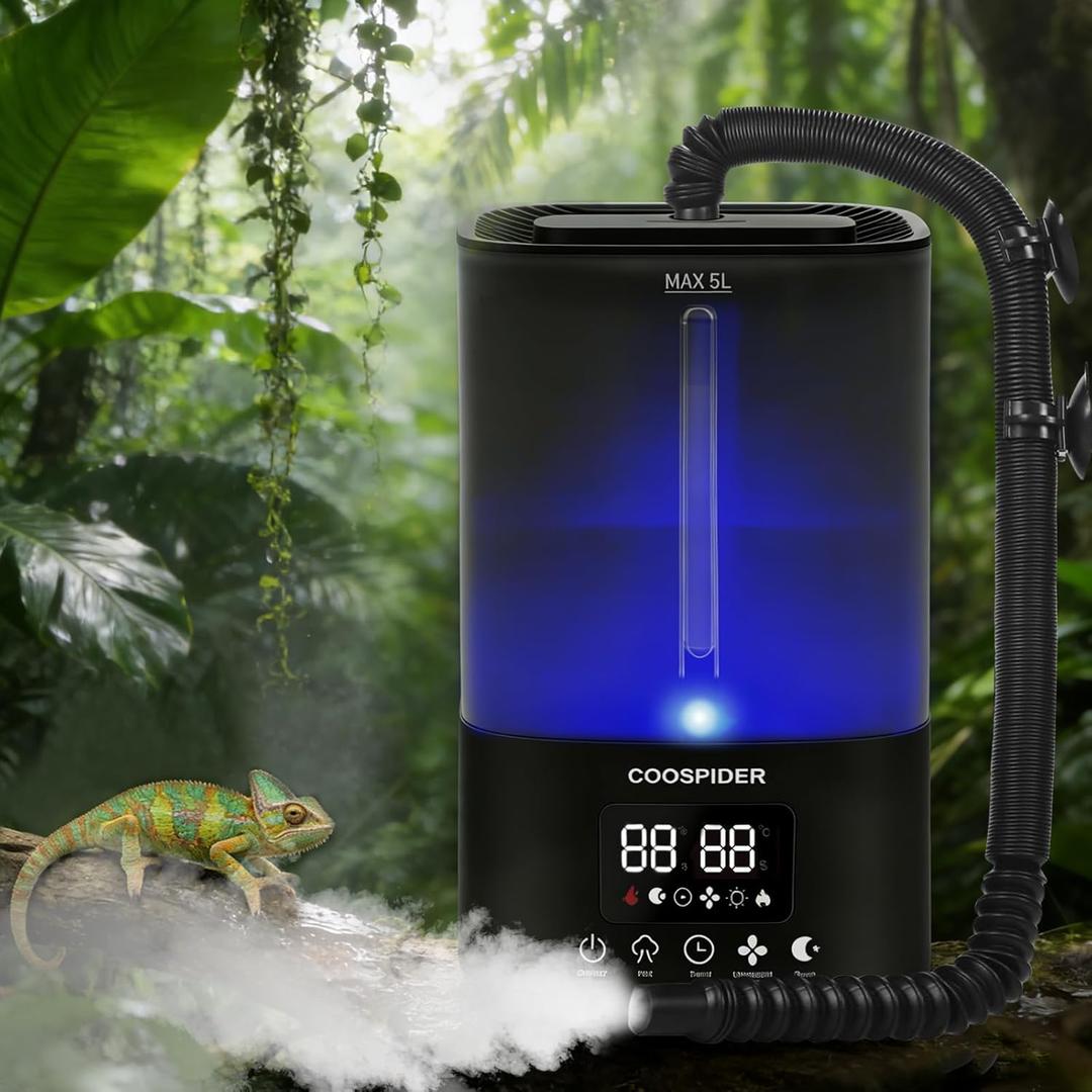 Coospider 5L Reptile Fogger Humidifier, Automatic Humidifiers for Reptiles Tank, Terrarium Humidifiers with Timer and Humidity Control, Reptile Misting System for Reptiles Amphibians Herps Vivarium