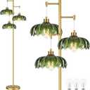 QIYIZM Glass Floor Lamp for Living Room,Bedroom,Mid Century Modern Standing Lamp Brass Tree 3 Light Tall Floor Lamps Vintage Retro Floor Lights Gold Green Flower Lamp Shade Farmhouse Boho Bohemian