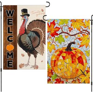 2 x Thanksgiving Garden Flag,Fall Yard Flags for Outside,with Different Designs on Each Side, Harvest Flag for Porch Balcony Outdoor Decor