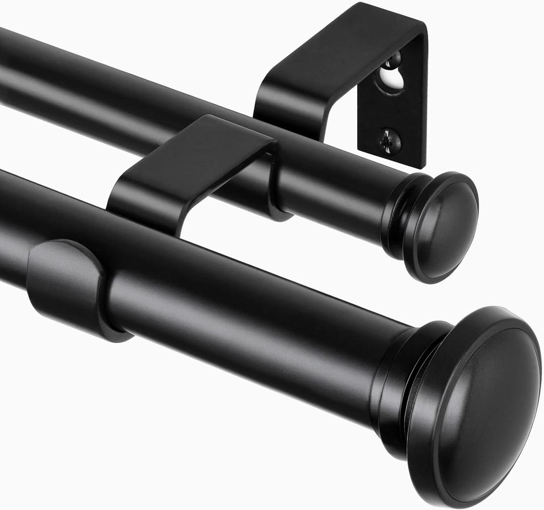 TONIAL 1 Inch Double Curtain Rods 36 to 72 Inches (3 to 6ft), Heavy Duty Decorative Drapery Rod for Windows 24 to 68 Inches (2 to 5.7ft) with Small Cap Finial, Black