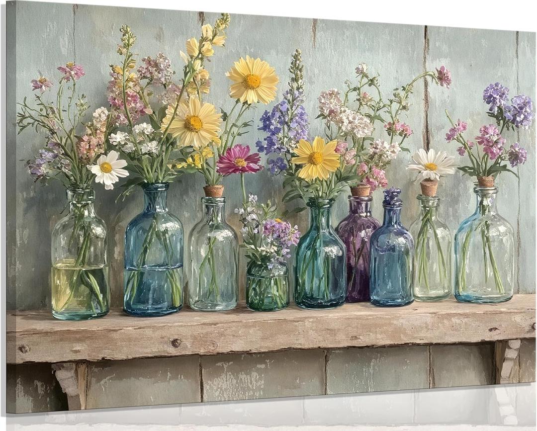 1Pcs Framed Rustic Farmhouse Floral Canvas Wall Art Enchanting Wildflowers Poster Print Vintage colored glass bottle picture printing Wooden Background Wall Decor for Bathroom Living Room decoration, 16"L x 24"W
