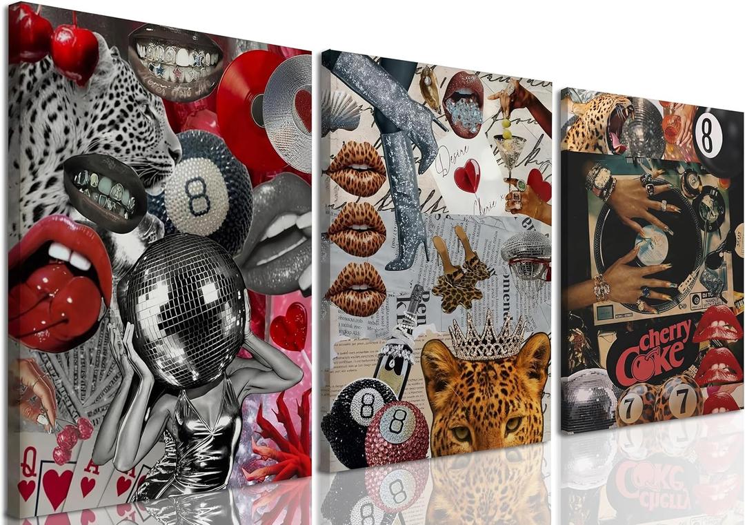 Black Girl Cheetah Wall Art Trendy Leopard Wall Decor Set of 3, Preppy Black Woman Poster Canvas Print Fashion Lucky Y2k Music Record Player Artwork for Bedroom Living Room 16x24 inch Framed