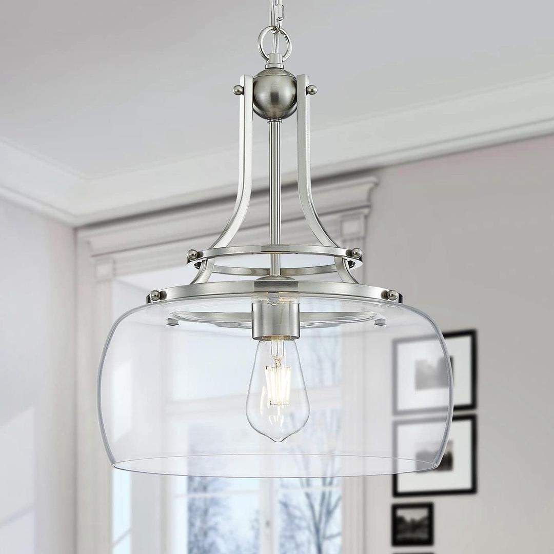 WUZUPS Chandelier Rustic Farmhouse Industrial Round Ceiling Pendant LED Light Fixture with Clear Glass Shades for Dining Room Kitchen Island Foyer Entryway, H 17" x W 13.4", E26 Base, Brushed Nickel (Pendant Light, Brushed Nickel)