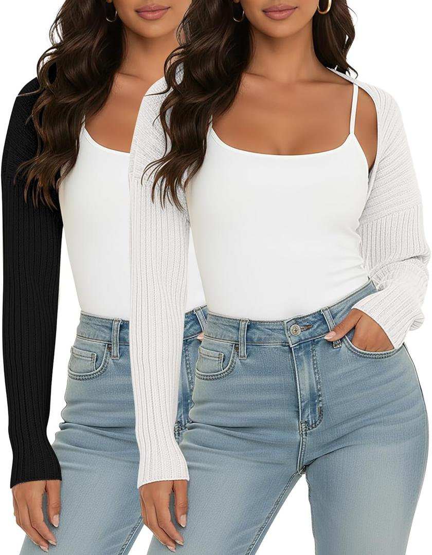 2 Pack Women Crop Cardigan Sweater Bolero Shrug Open Front Long Sleeve Shrug Knit Drop Shoulder Y2K Winter Outfits (Small, Black, White)