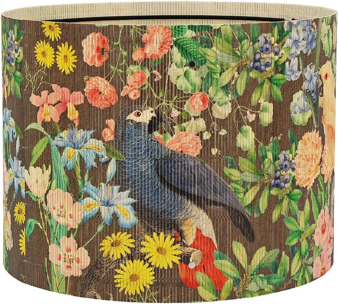 Vintage Bamboo Lamp Shade with Birds and Floral Design, Cylindrical Shape, 30x23cm, Compatible with Table and Floor Lamps (Art Deco B)