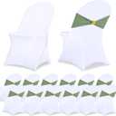 Moukeren 24 Pack White Folding Chair Cover Set with 12pcs Stretch Spandex Chair Slipcovers 12pcs Buckle Sashes Bow for Wedding Banquets Parties Events (Sage Green)
