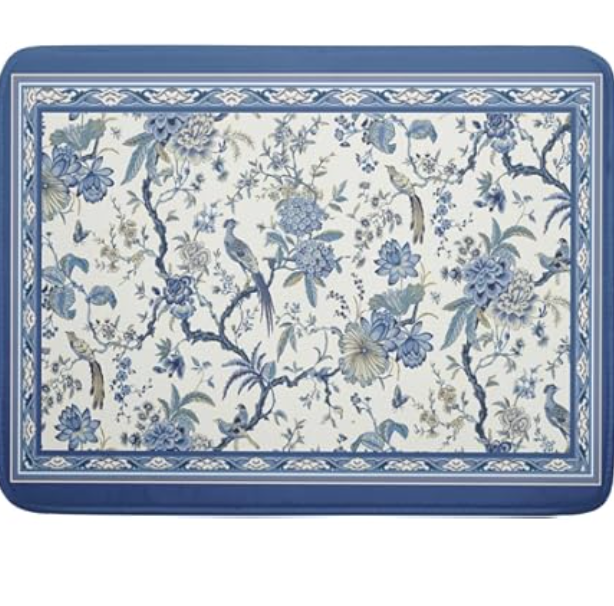 Chinoiserie Flowers Dish Drying Mat for Kitchen Counter, 18x24 Inch Vintage Blue Floral Birds Ultra Absorbent Reversible Dish Drainer Mats Plate Holder