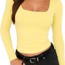 Square Neck Shirt for Women - Long Sleeve Going Out Tops Double Lined Tight Crop T Shirt Slim Fit (Medium, Yellow)