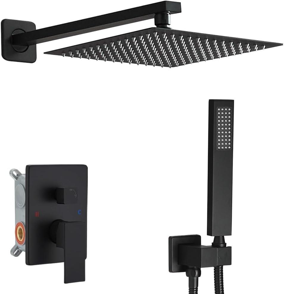 Matte Black Shower System 12 Inches Bathroom Luxury Rain Shower Head with Handheld Combo Set Wall Mounted High Pressure Rainfall Shower Head System Shower Faucet with Valve and Trim Kit