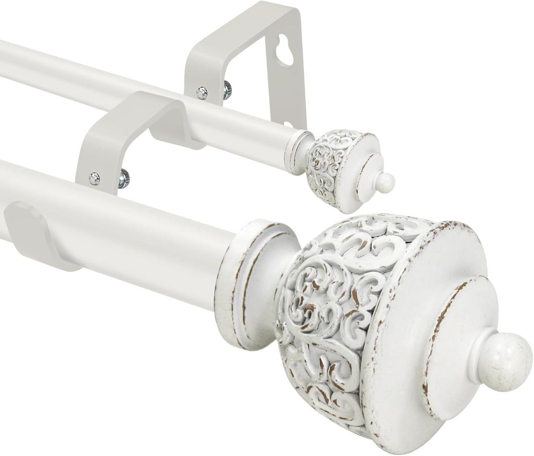 1 Inch White Double Curtain Rod with Vintage-style Finials-Tension Curtain Rods 28-48 Inchs for Bedroom&Home Decor