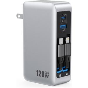 120W USB C Charger Block with 2 Built-in Retractable Cables,4-in-1 GaN IV Foldable Plug Wall Charger Fast Charging Station,PD 65W Laptop Adapter for MacBook/iPad,iPhone 17/16/15/14,Galaxy,Android etc