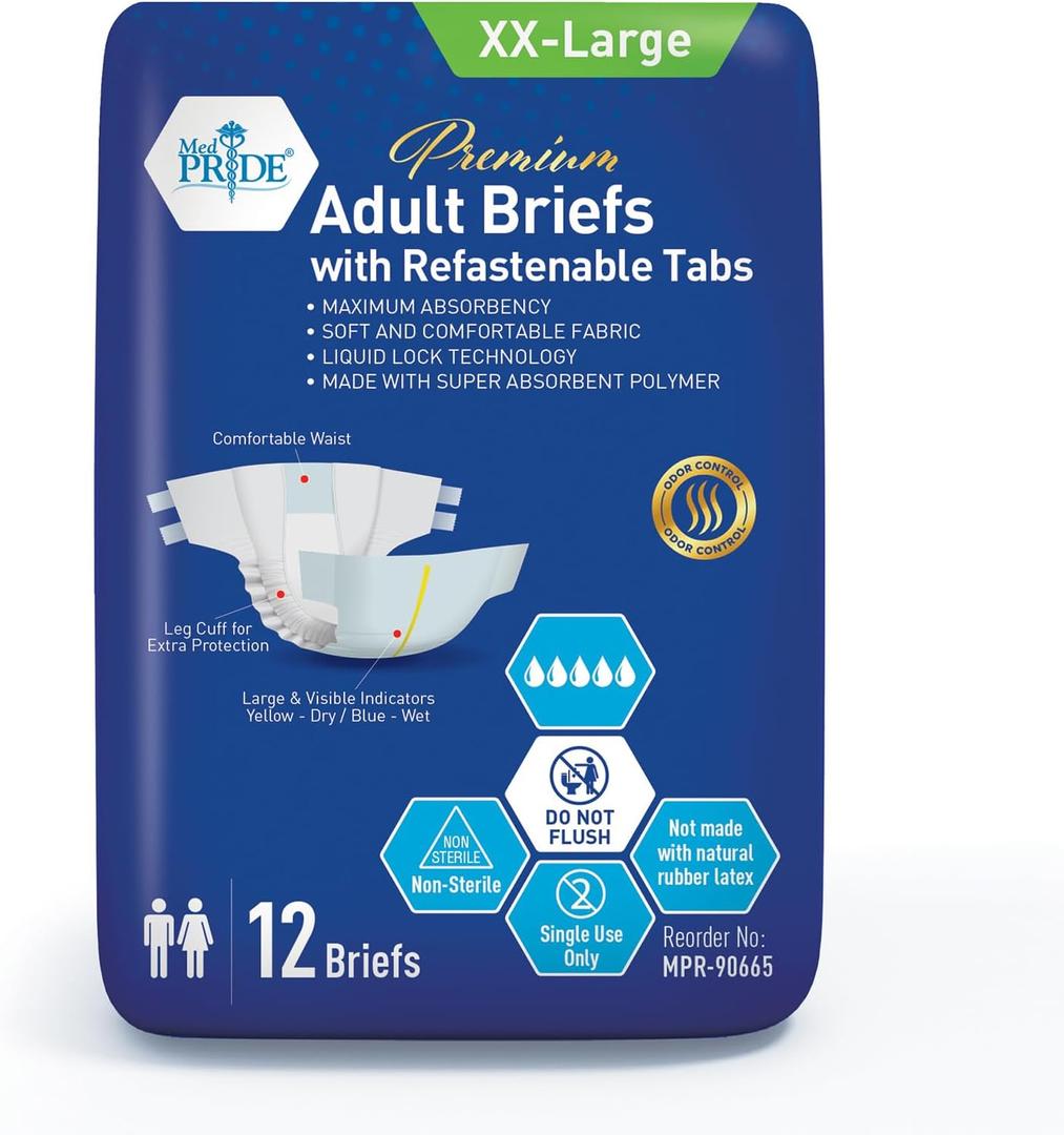 MED PRIDE Maximum Absorbency Adult Briefs for Incontinence with Refastenable Tabs [XX-Large, 12-Pack]- Ultra-Absorbent Adult Diapers for Men & Women- Bladder Control Unisex Disposable Underwear
