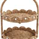 Mud Pie 16" x 11 1/4" Dia Scalloped Woven Tiered Server, Brown