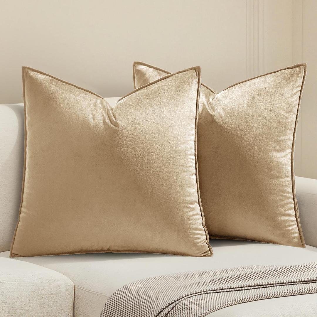 MIULEE Beige Decorative Velvet Throw Pillow Covers Soft Pillow Covers Soild Square Cushion Case for Sofa Bedroom 20x20 Inch 50x50 cm