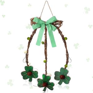 Novabright 15 Inch St. Patrick's Day Shamrock Door Wreath with Green Bow Wooden Clover Green Foam Berries Rustic Wood Hanging Decor for Irish Home Indoor Holiday Outdoor Farmhouse Window