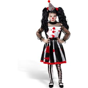 Girls Scary Clown Costume: Black and White Bloody Jester Dress with Headband Leggings for Halloween Creepy Dress Up (X-Large (12-14Y))