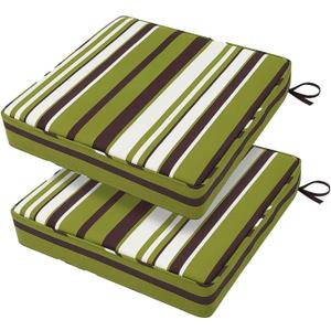 18x18x3 Inch Outdoor Square Corner Chair Cushions with Ties Set of 2, Water&Fade Resistant Thick Seat Cushion Pads for Garden Patio Dining Porch Furniture - Green Striped