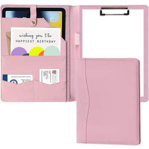 Portfolio Folder Padfolio with A4 Clipboard, PU Leather Portfolio Clipboard Business Binder Writing Clip Board Organizer for Legal Documents Business Card Men Women Pink