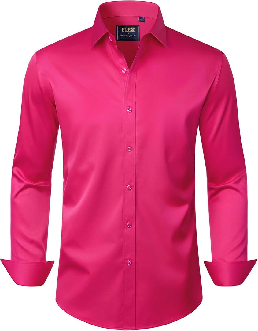 J.VER Men's Dress Shirts Long Sleeve Solid Stretch Wrinkle-Free Shirt Regular Fit Casual Button Down Shirts hot Pink Large