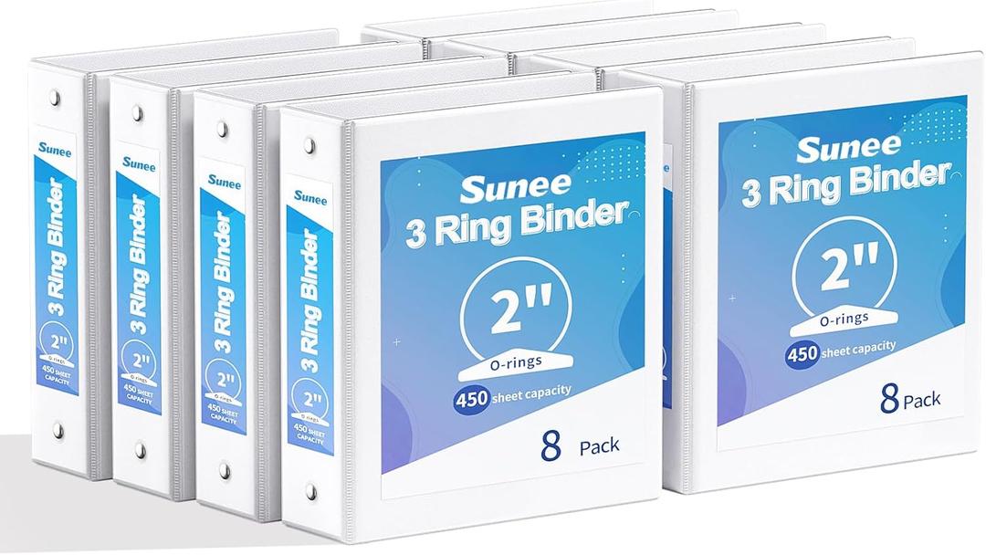 SUNEE 3 Ring Binders 2 Inch 8 Pack, Clear View Binders Three Ring PVC-Free (Fit 8.5x11 Inches) for School or Office Supplies, White
