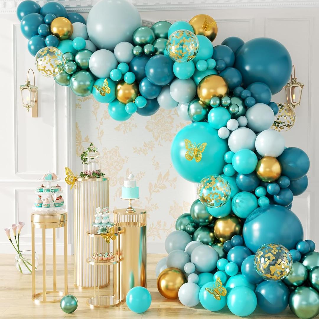 142pcs Teal Turquoise Balloon Arch Garland Kit with Teal Turquoise Pastel Blue Metallic Green Gold Confetti Balloons for Anniversary Bridal Shower Baby Shower Birthday Party Decorations