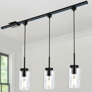 VINLUZ 3-Pack H-Type Track Lighting Modern Halo Track Pendant Light with Clear Glass Shade Classic Kitchen Island Pedant Hanging Lighting for Dining Room