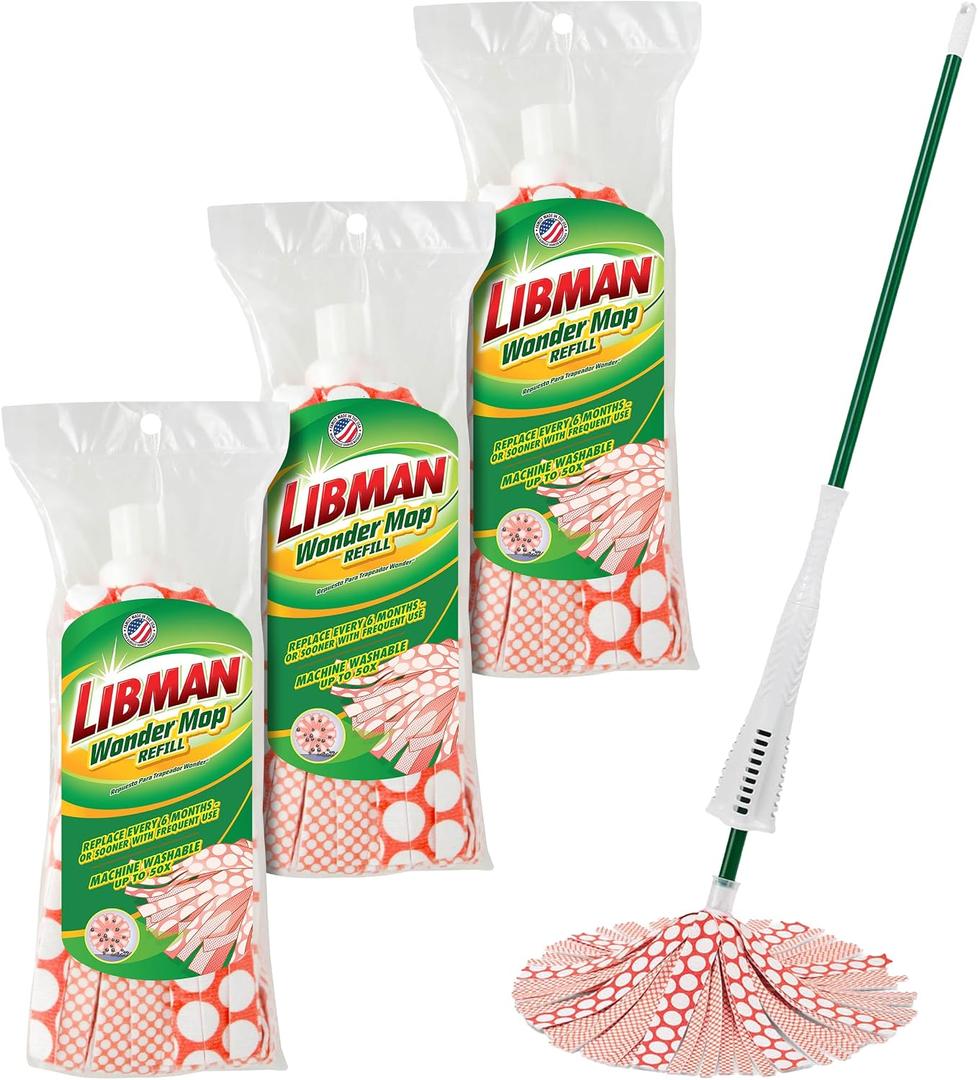 Libman Wonder Mop Plus 3 Refills, Self-Wringing, Absorbent, Microfiber Floor Mop for Household Multi-Surface Cleaning, 3 Machine Washable Replacement Heads