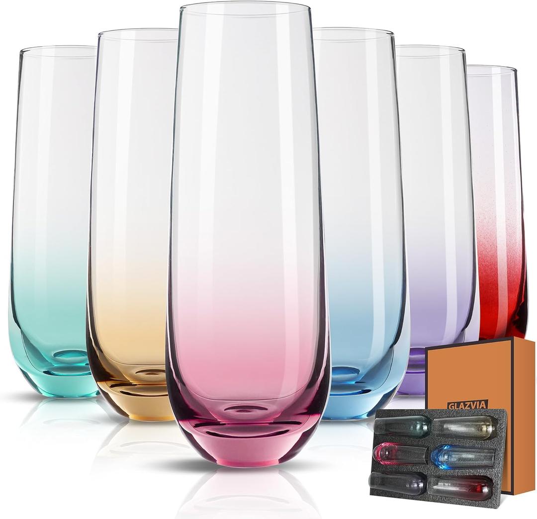 Stemless Champagne Flutes Glasses Set of 6-10oz Multi Colored Glass, Unique Colorful Champagne Flute Gift for Wedding, Anniversaries, Parties, Birthday, Restaurant, Home Bar