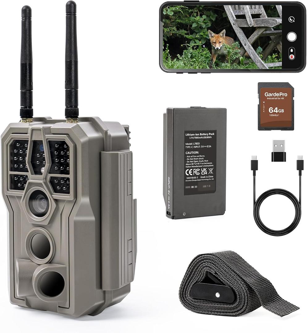 GardePro E8 2.0 Pro WiFi Trail Camera (Non-Cellular), 4K Video & 64MP Photo, 7800mAh Battery, 64GB SD Card Included, Dual Antennas, 165ft Long-Range, Live View, No-Glow, Motion Detection