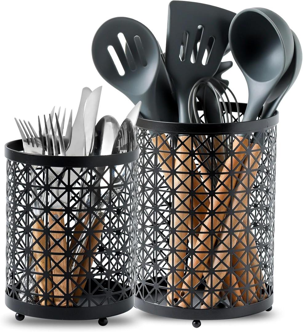 8.2"+6.2" Set Kitchen Utensil Holder for Kitchen Counter, Metal Cooking Utensil Crock for Countertop, Extra Large Black Coffee Pods Holder, Silverware Holder for Spoon Knives Forks