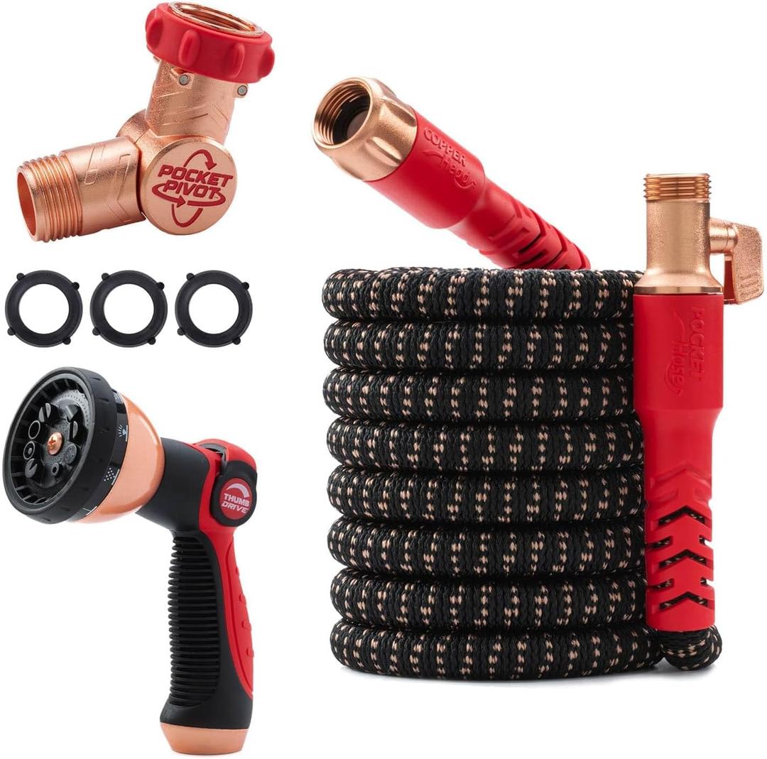 Pocket Hose 50 FT Copper Head Expandable Garden Hose with Pocket Pivot, No Tangles, AS SEEN ON TV, 360 Swivel, Tri-Tex Tubing, Force Field Jacket, Lead-Free, No-Kink, Anti-Burst w/APT