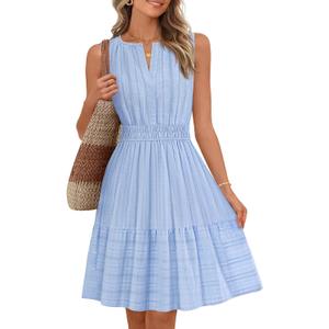 MEROKEETY Women's 2026 Summer Casual Mini Sundress Beach Vacation Sleeveless V Neck Flowy A Line Dress with Pockets (Medium, Blue)