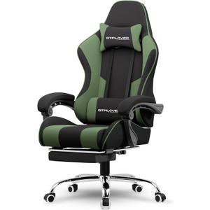 GTPLAYER Gaming Chair, Computer Chair with Footrest and Lumbar Support, Height Adjustable Game Chair with 360-Swivel Seat and Headrest and for Office or Gaming (Green, Fabric)