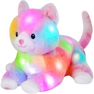 Glow Guards 13'' Lying Light up Rainbow Cat Plush Toy Rainbow Kitty Soft Stuffed Animal Bed Night Light Birthday for Toddler Kids (LED)