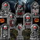 8 Pcs 16 Halloween Tombstones Outdoor Decorations Gravestone Headstone Yard Signs with Stakes LED Eyes Scary Skeleton RIP Graveyard Cemetery Decor for Halloween Home Party Lawn Garden