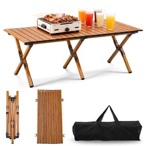 TAO ONE Roll-Up Camping Table - Aluminum Low Folding Tables for Outdoor Travel Grill - Portable Picnic Table Foldable for Sitting on The Floor Beach, Brown